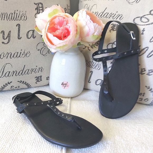 Bianco leather thong sandals black studded flats y2k - Picture 1 of 14